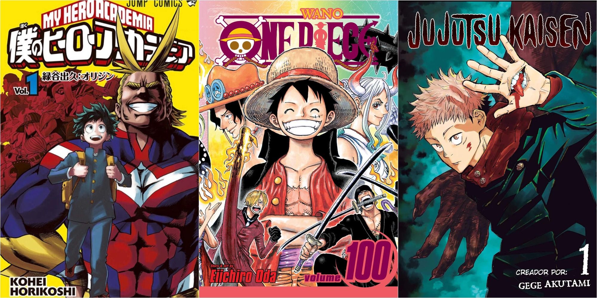 different manga cover art featuring my hero academia, one piece and jujutsu kaisen 