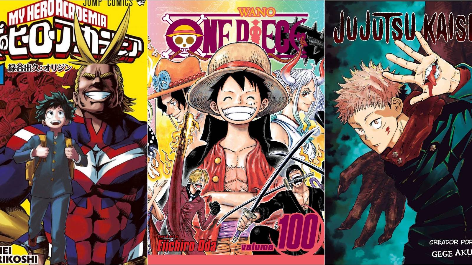 different manga cover art featuring my hero academia, one piece and jujutsu kaisen 
