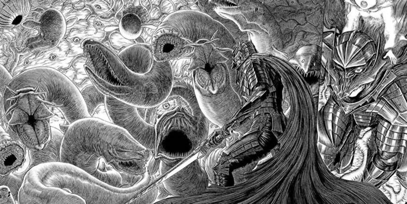 guts wearing his armor and facing monsters