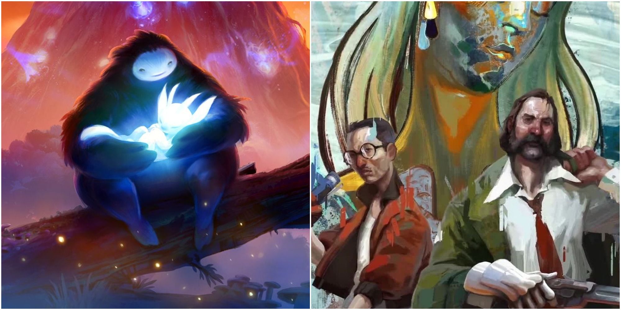right: Ori and the Blind Forest; right: Disco Elysium