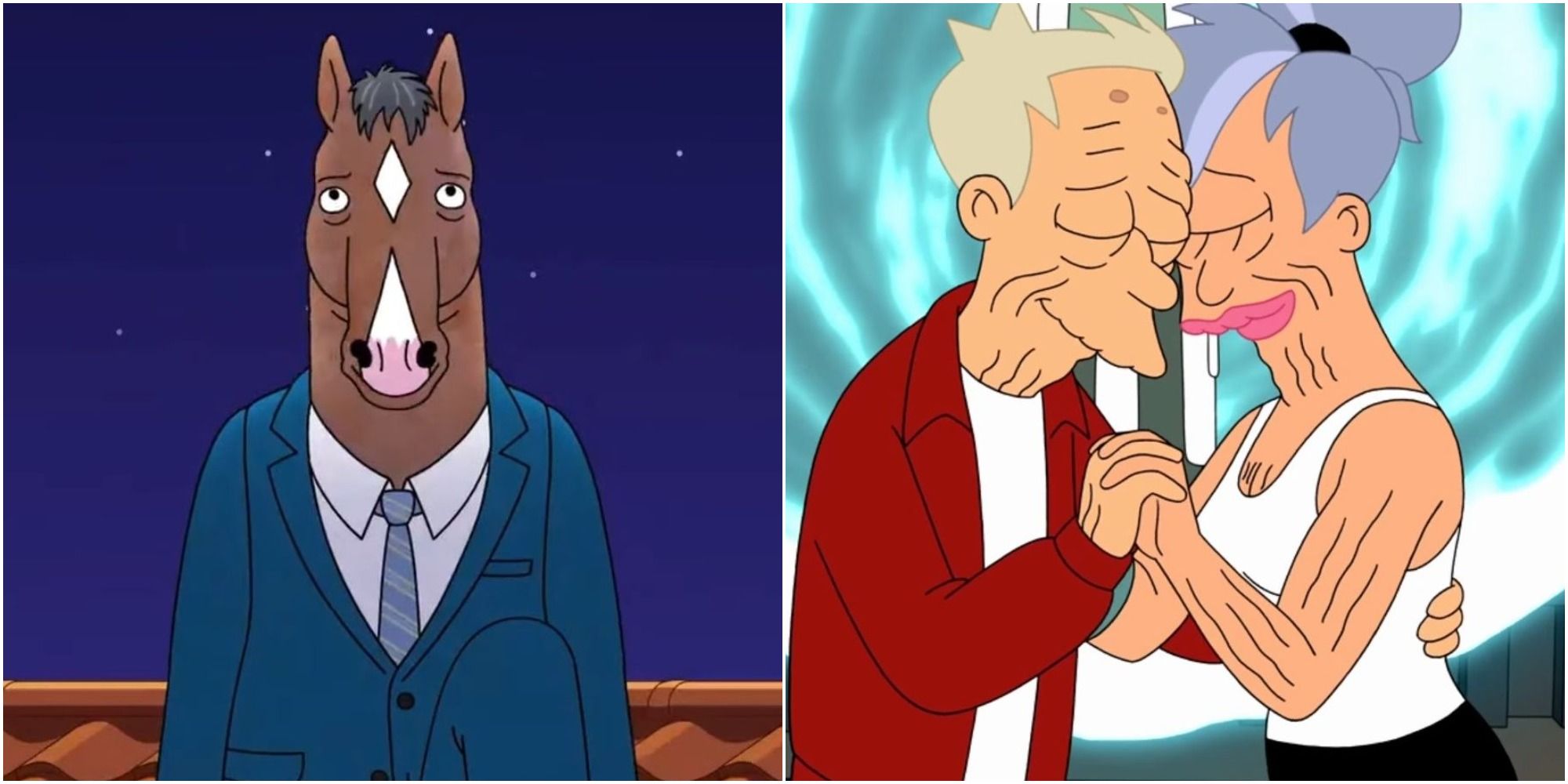 left: Bojack Horseman; right; Fry and Leela in Futurama