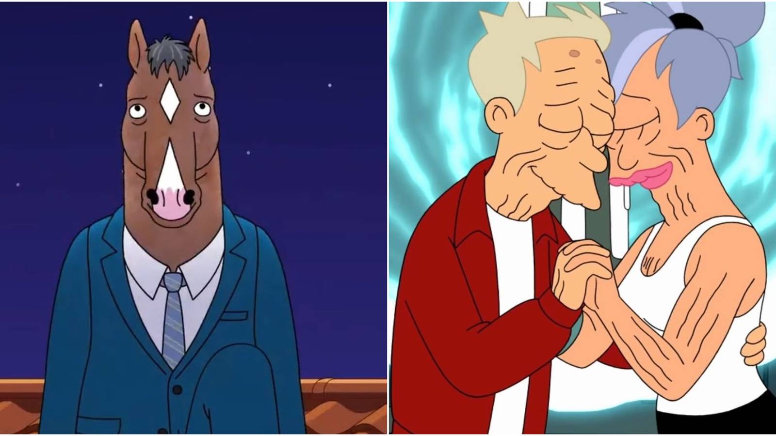 left: Bojack Horseman; right; Fry and Leela in Futurama
