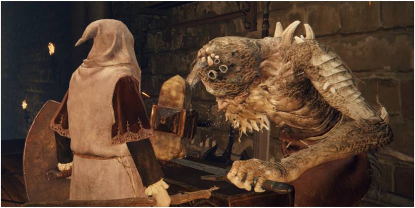 Hewg smithing in front of Tarnished.