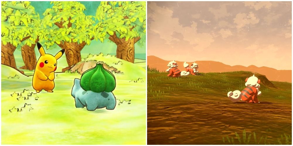 Split image of Pikachu and Bulbasaur in Mystery Dungeon and Growlithe in Legends: Arceus.