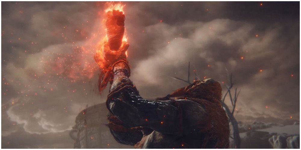 Fire giant holding leg.