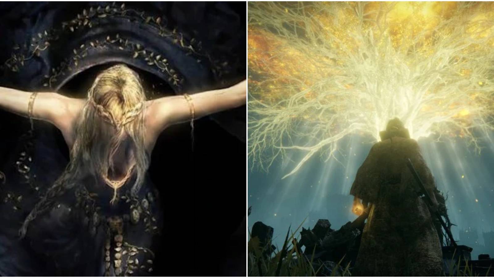 Split image of Marika and the Erdtree.