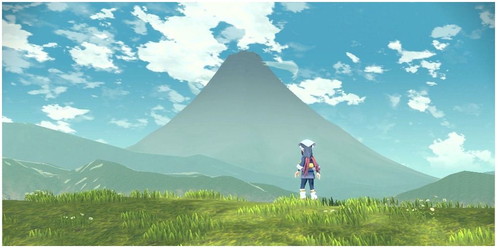 Player character looking at mountain.