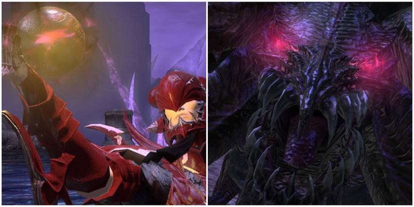 Split image of Estinien and Nidhogg.