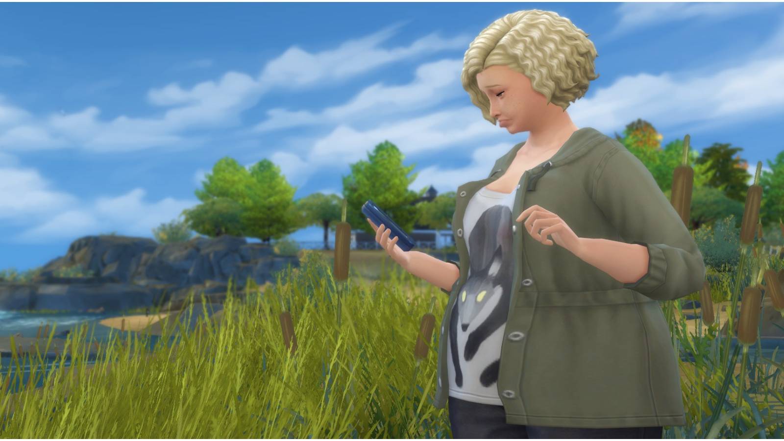 Plus size Sim checking her phone.