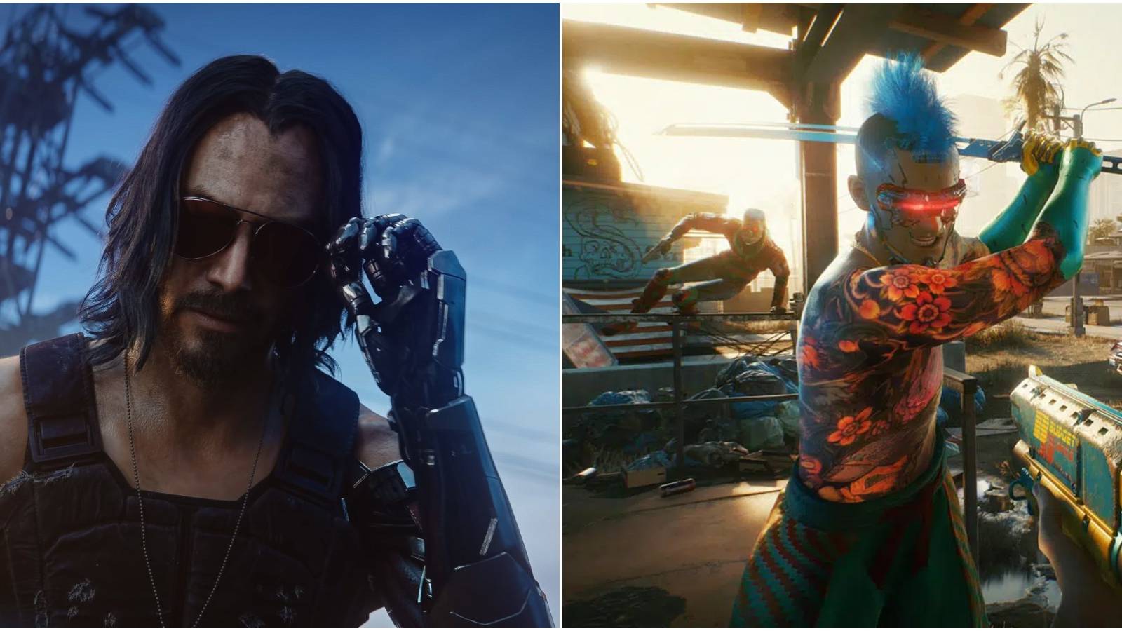 Split image of Johnny and NPC with sword.