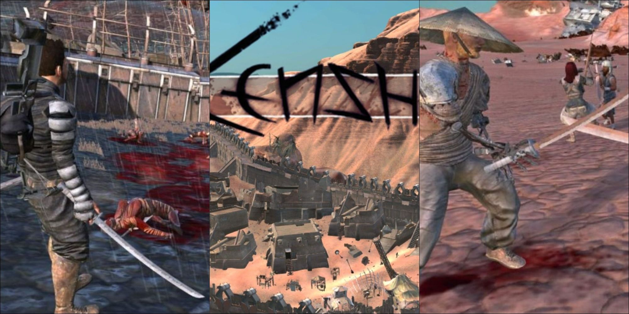 A battle scene, town, and warriors locked in combat from Kenshi
