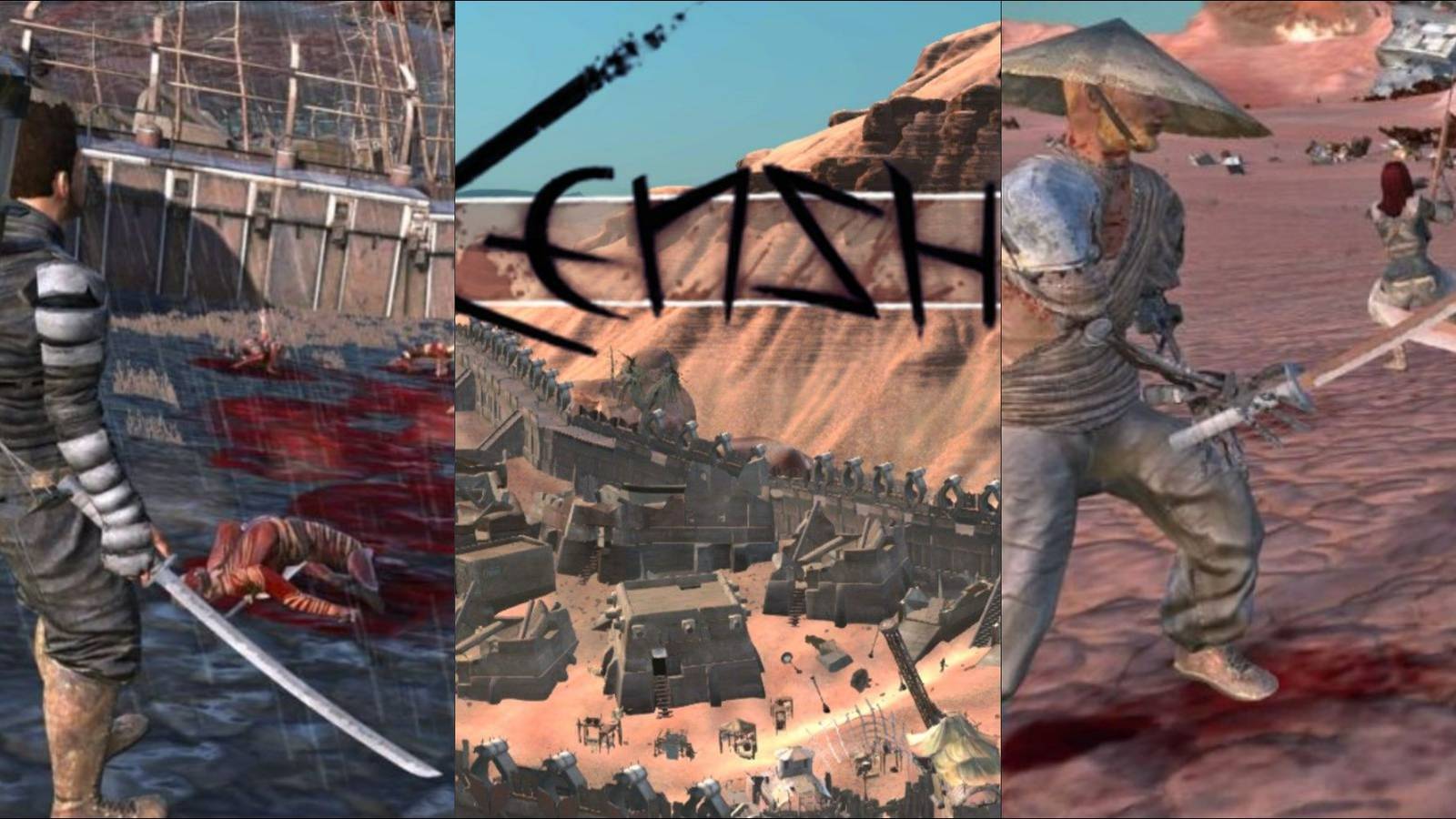 A battle scene, town, and warriors locked in combat from Kenshi