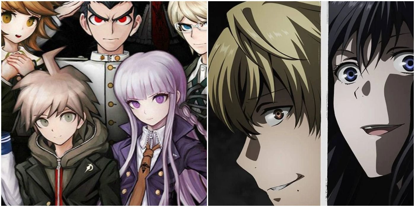 on the left is the cast from the anime danganronpa the animation, and on the characters on the right are makoto and shiho from the anime tomodachi game