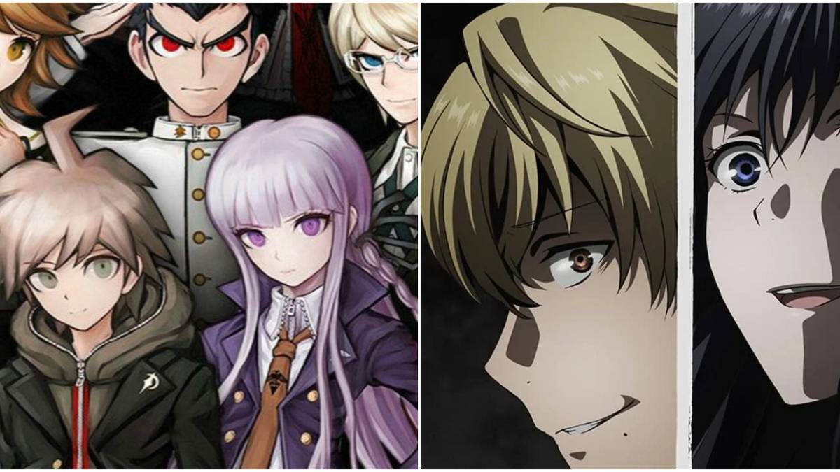 on the left is the cast from the anime danganronpa the animation, and on the characters on the right are makoto and shiho from the anime tomodachi game