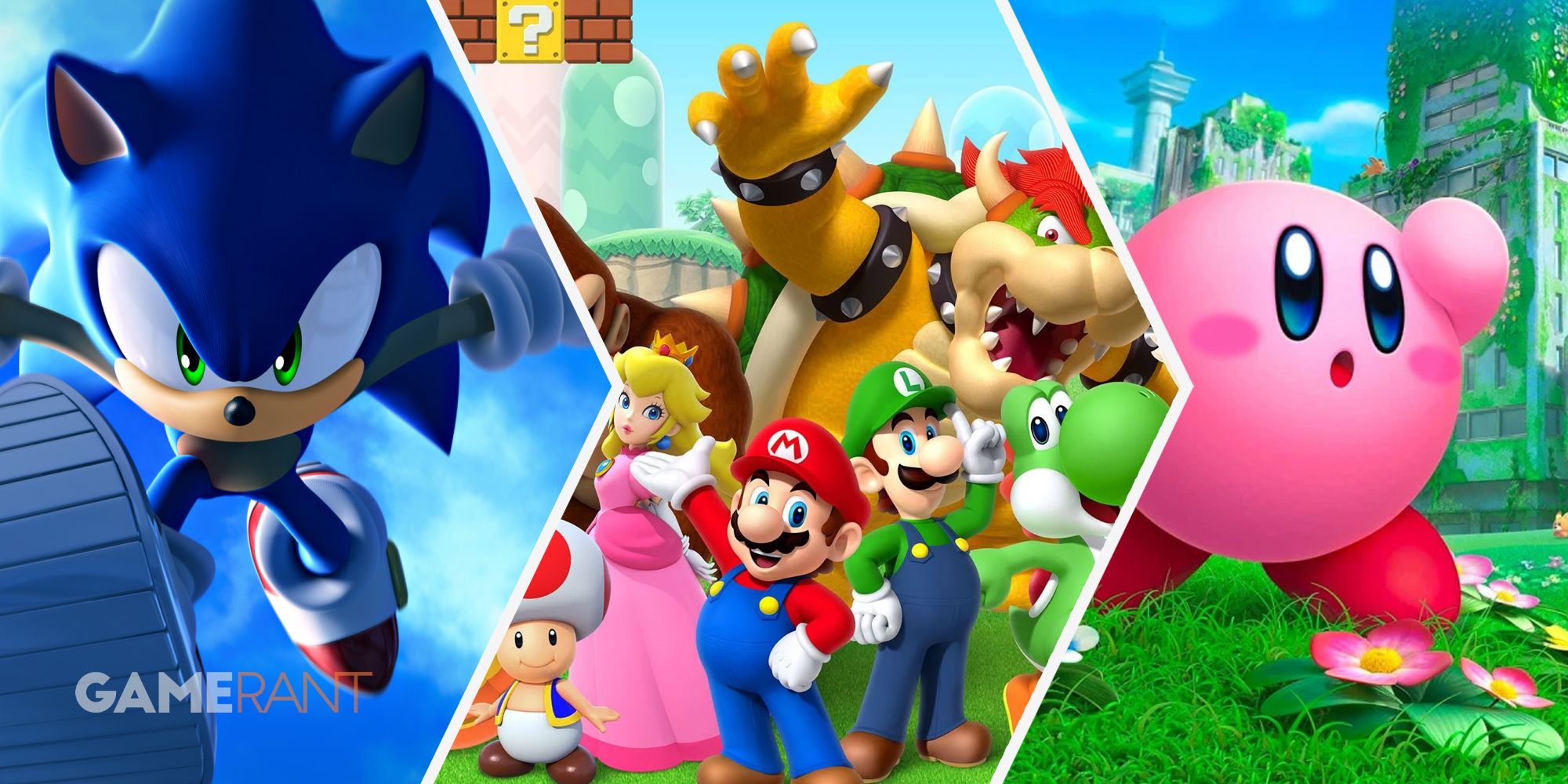 Sonic from Sonic the Hedgehog on left, Mario, Luigi, Yoshi, Toad, Peach, Bowser posing in middle, Kirby from Kirby and the Forgotten Land on right