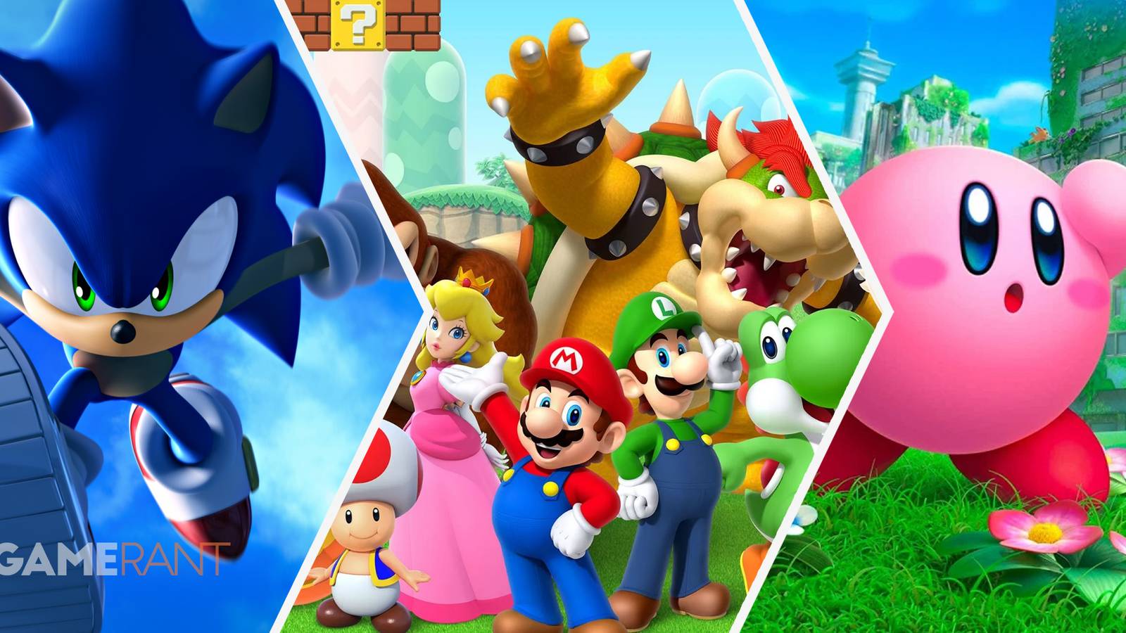 Sonic from Sonic the Hedgehog on left, Mario, Luigi, Yoshi, Toad, Peach, Bowser posing in middle, Kirby from Kirby and the Forgotten Land on right