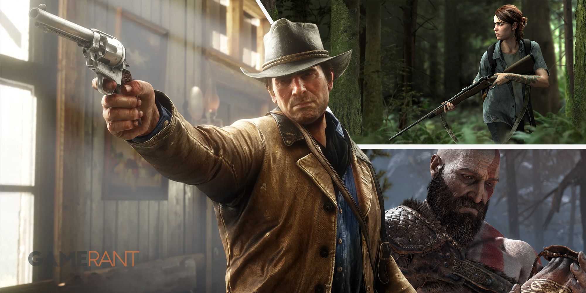 Arthur Morgan from Red Dead Redemption 2 holding a revolver on the left, Ellie from The Last of Us 2 in a forest holding a gun on the top right, Kratos from God of War on the bottom right