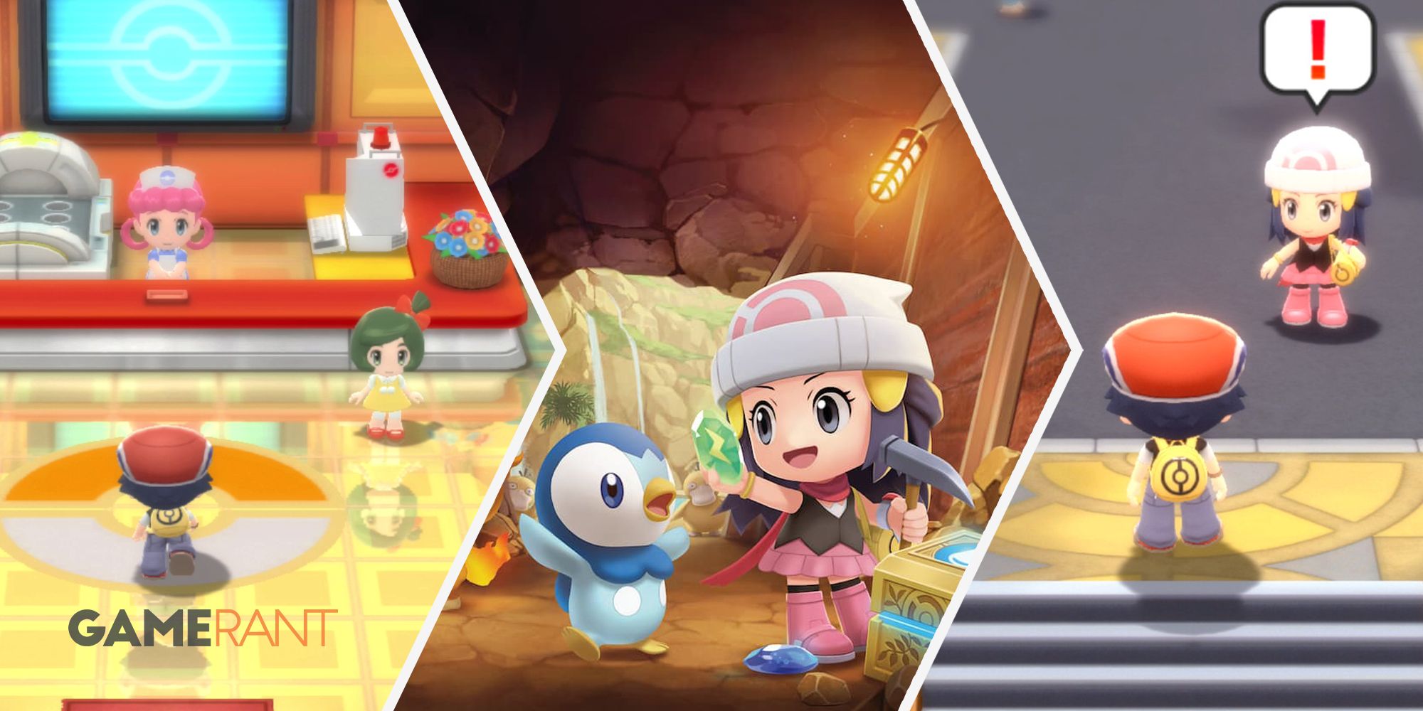 Player visits a Pokemon Center on left, player in a cave with Piplup in middle, player gets the attention of an NPC on right