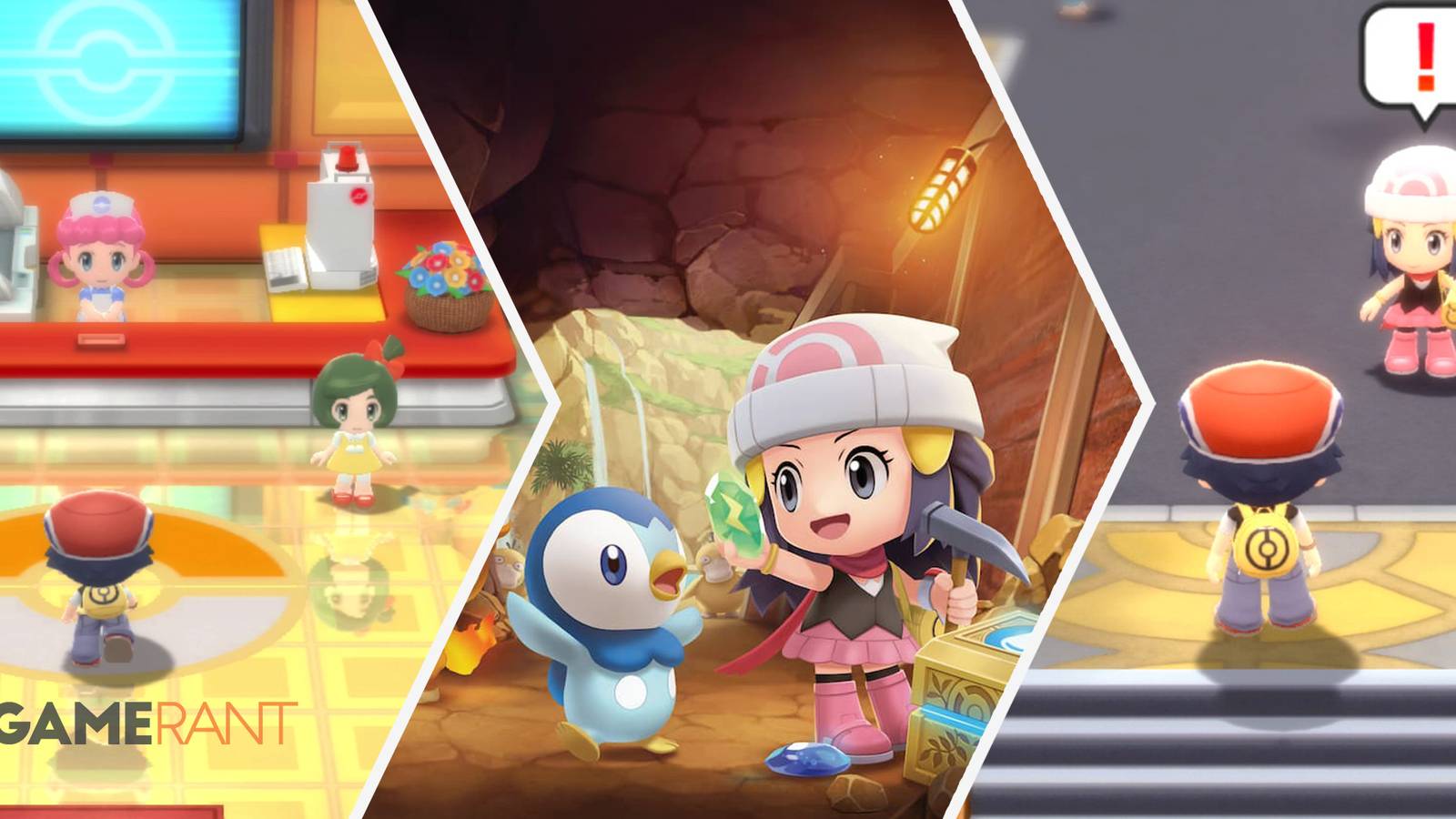 Player visits a Pokemon Center on left, player in a cave with Piplup in middle, player gets the attention of an NPC on right