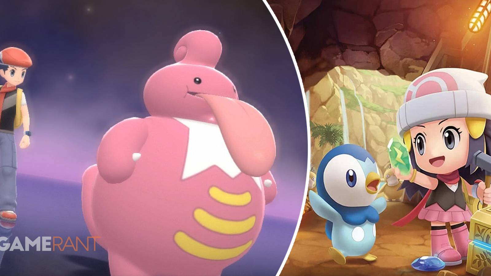 Pokemon Brilliant Diamond and Shining Pearl trainer with Lickitung on left, trainer with Piplup holding an item on left