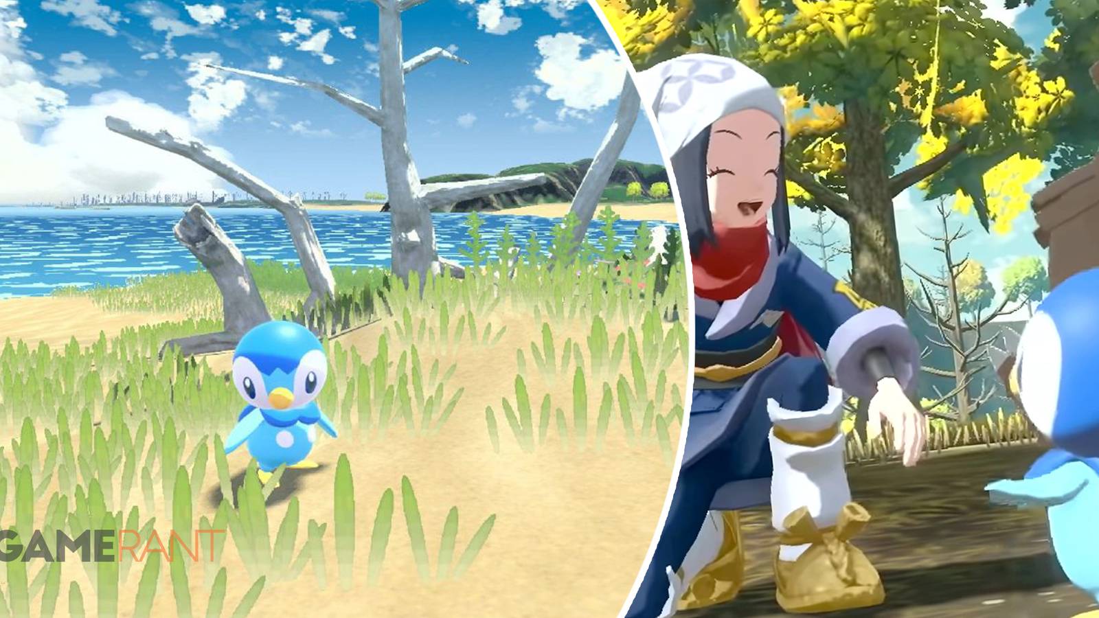 Pokemon Legends Arceus Piplup on left, player interacting with Piplup on right