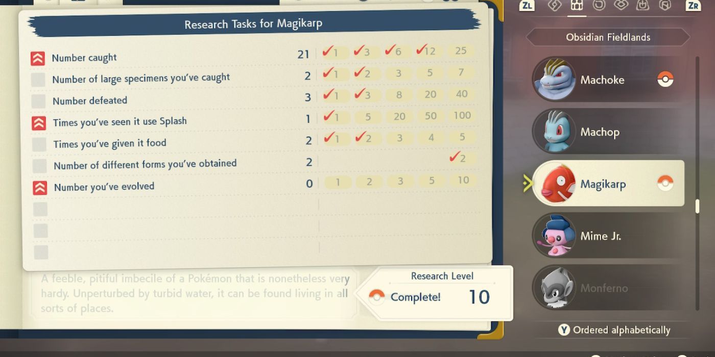 pokemon legends arceus magikarp research tasks