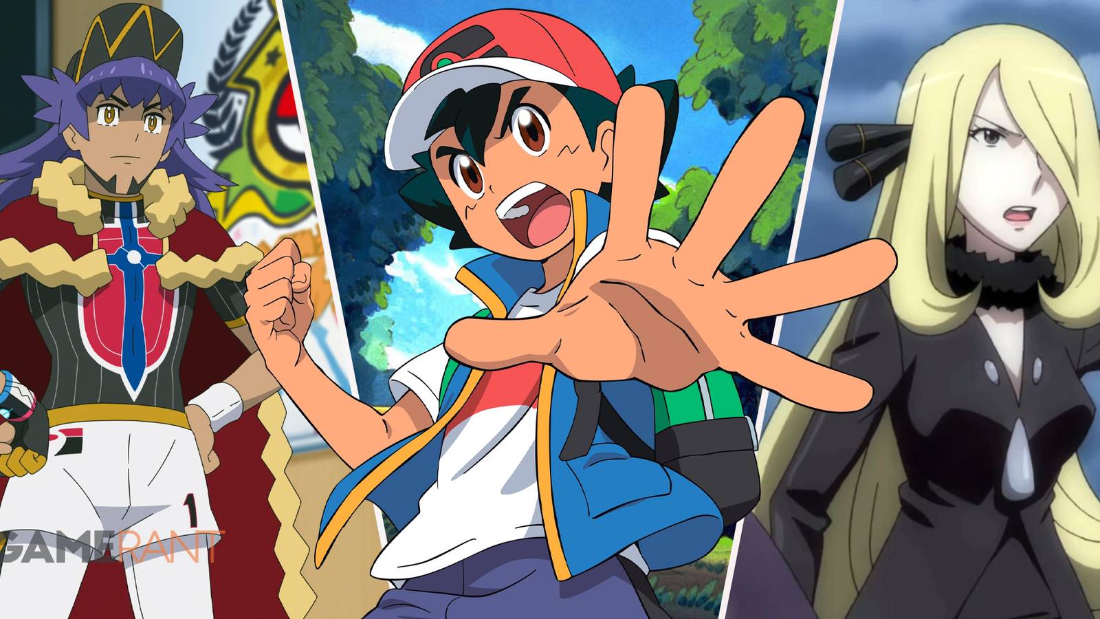 Pokemon trainer Leon on left, Ash posing in middle, Cynthia on right