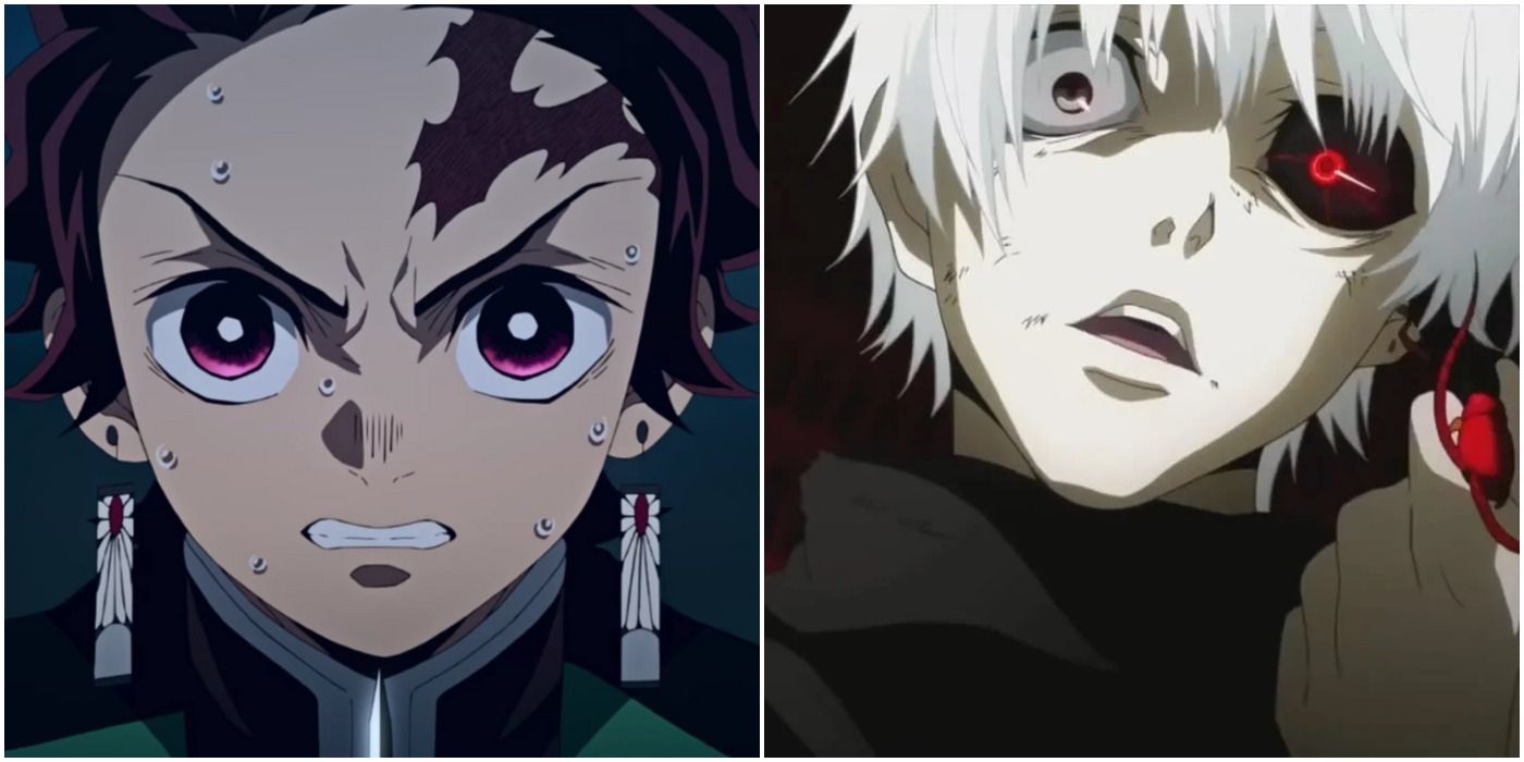 left: tanjiro from demon slayer; right: ken kaneki in his ghoul form from tokyo ghoul