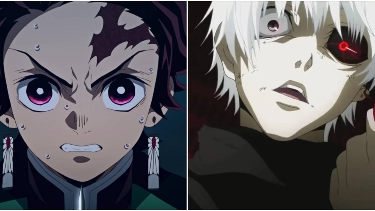 left: tanjiro from demon slayer; right: ken kaneki in his ghoul form from tokyo ghoul
