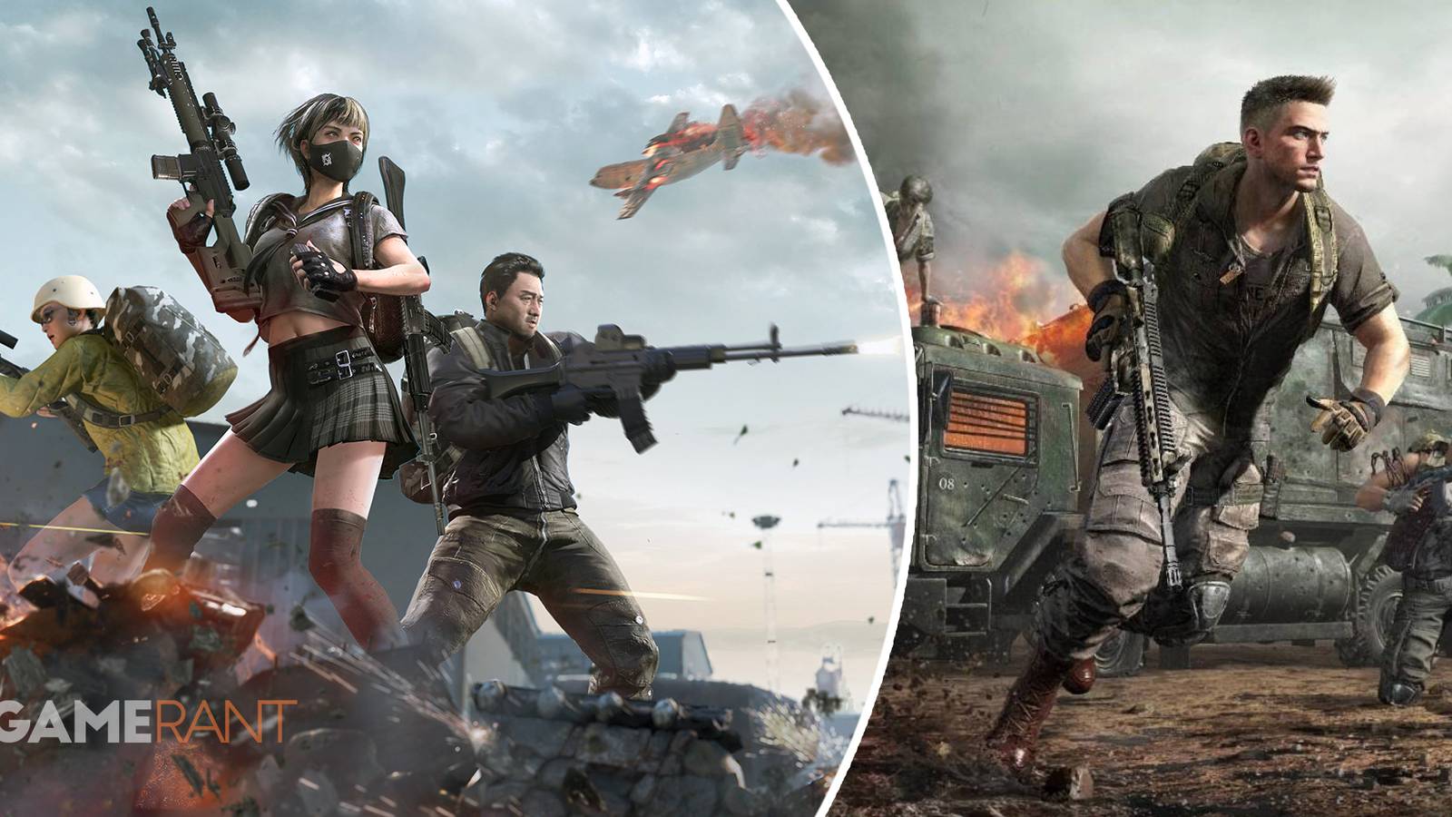 PUBG players holding guns and a plane on fire falling from the sky in the background on the left, PUBG players running in combat while holding weapons on right