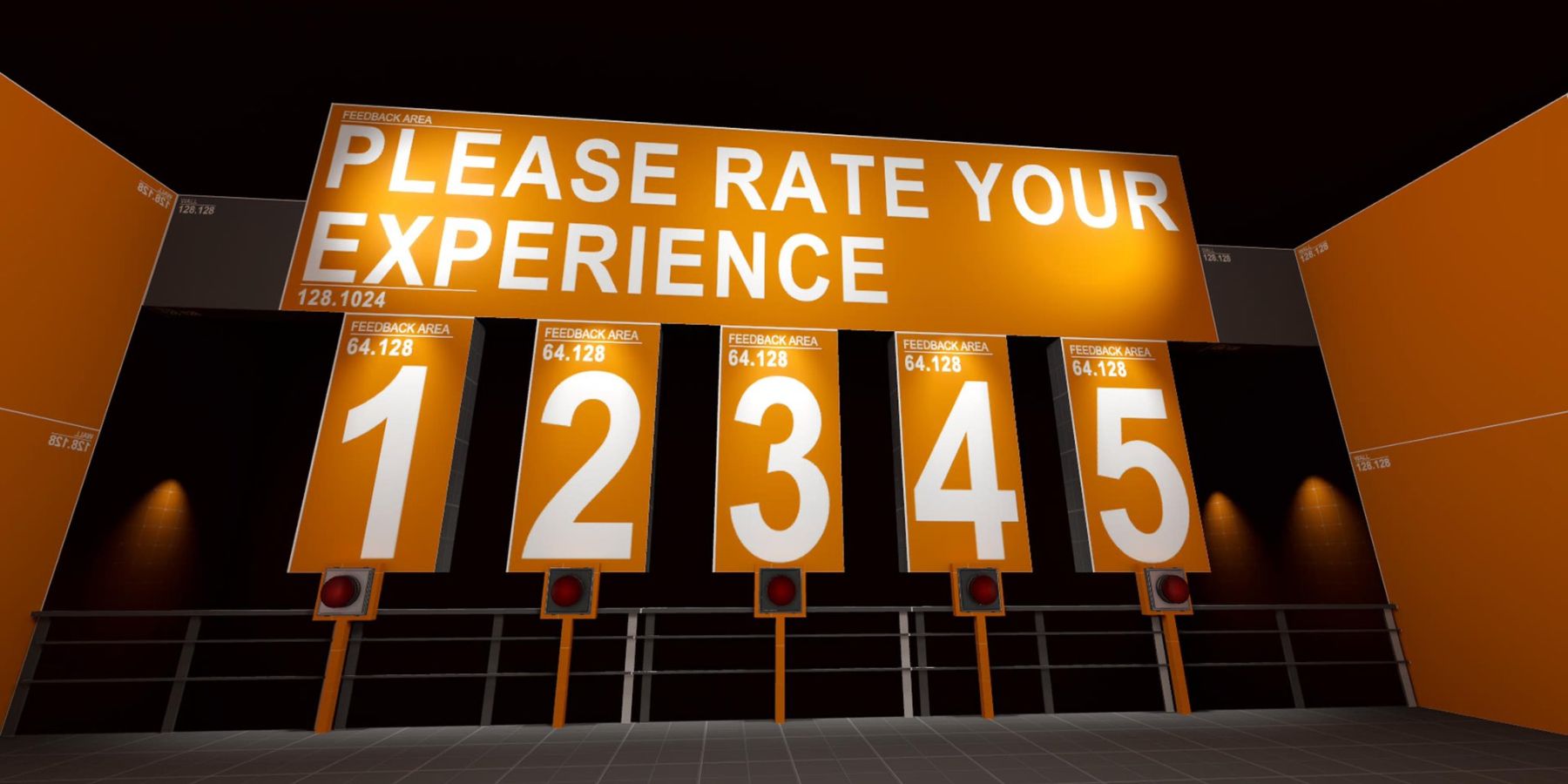 a large, orange sign reads "please rate your experience." under are numbers 1 through 5, each connected to a red button