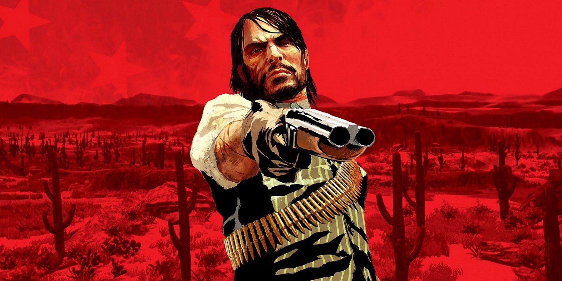 Image from Red Dead Redemption showing John Marston on a red background.