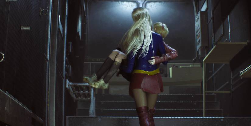 Image from Resident Evil 2 Remake showing Supergirl carrying Sherry Birkin.