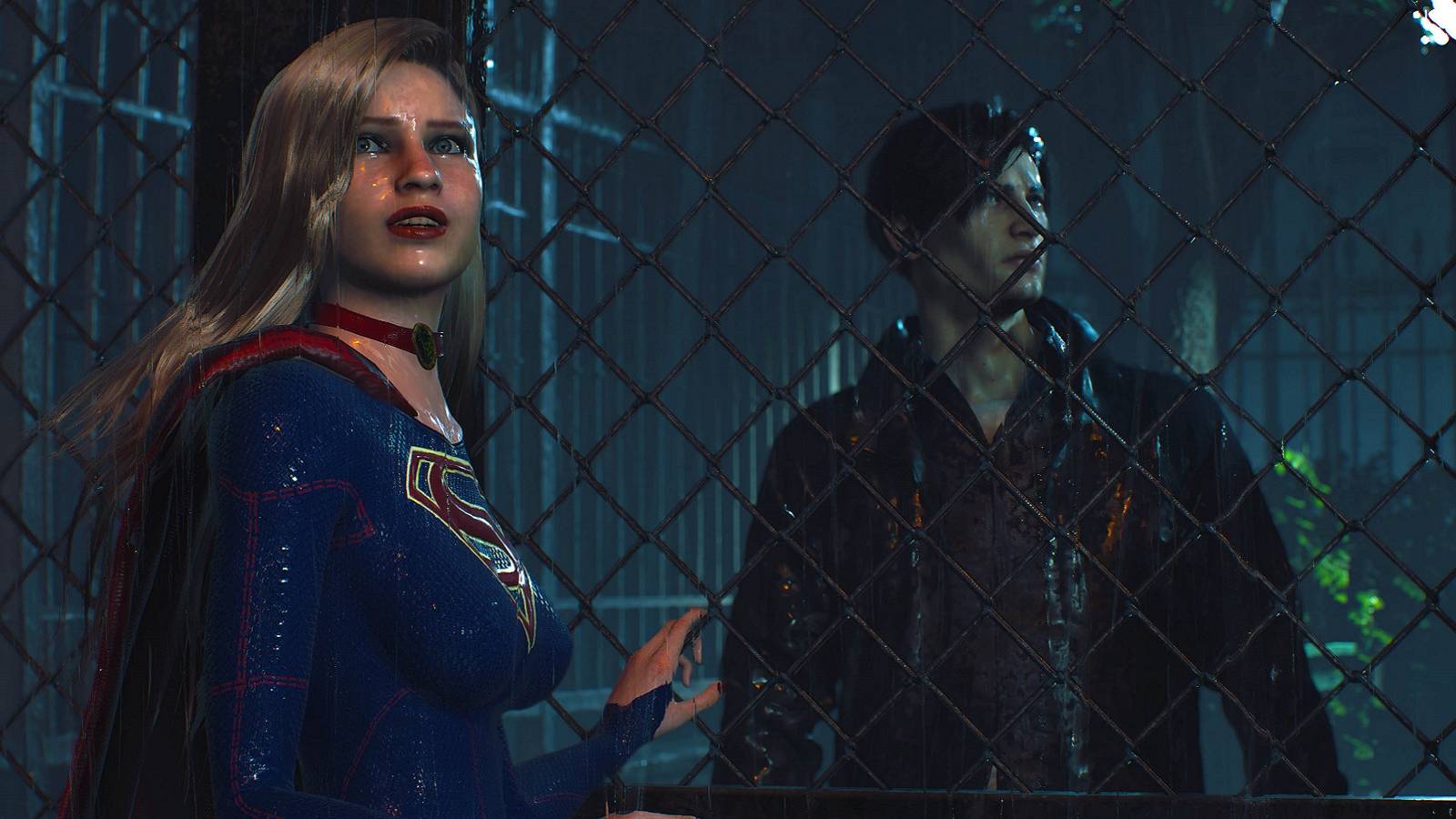 Screenshot from Resident Evil 2 Remake showing Leon Kennedy and Supergirl.