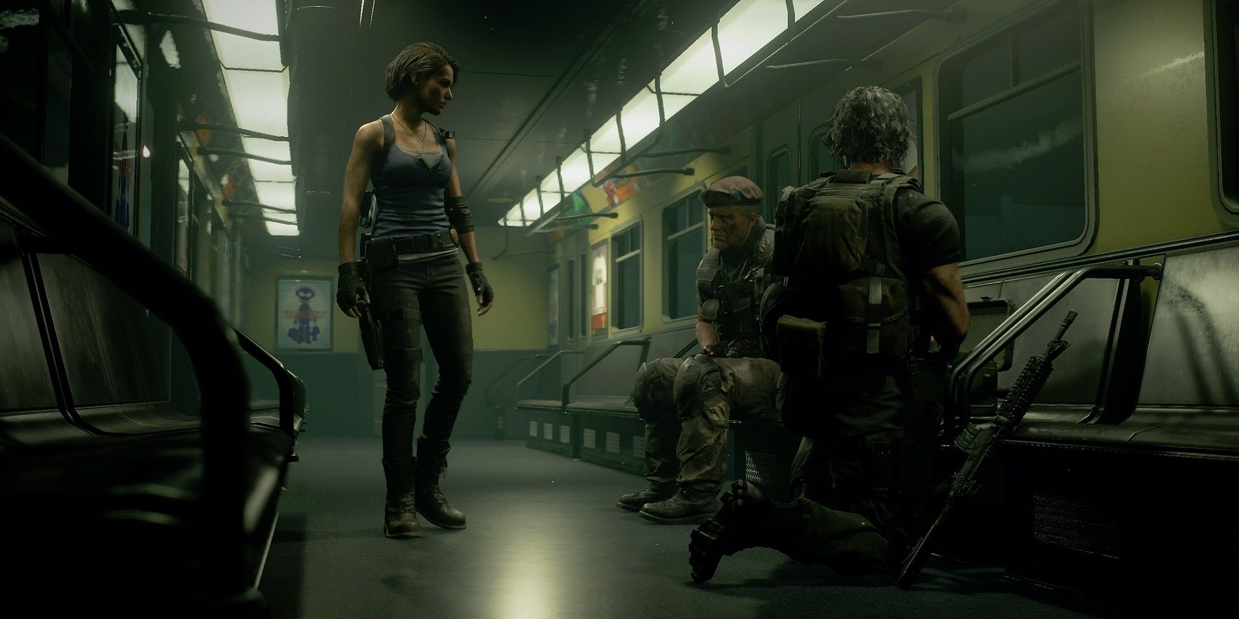 Screenshot from the Resident Evil 3 remake showing Jill on the train with Mikhail and Carlos.