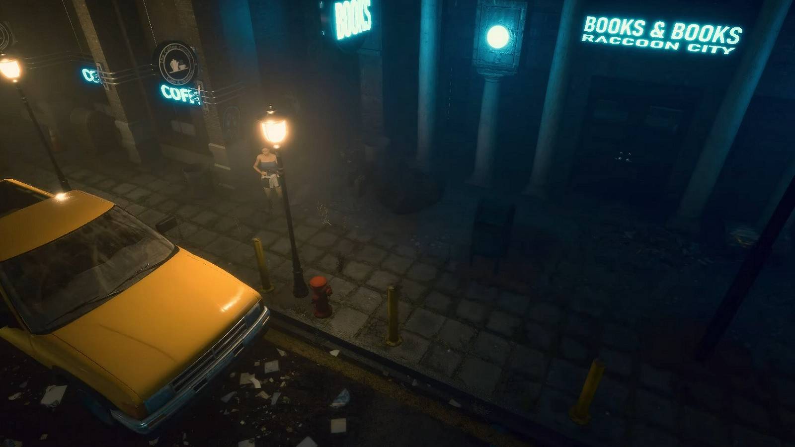 Image from Resident Evil 3 fan remake showing Jill Valentine out in the street next to a yellow pickup truck.