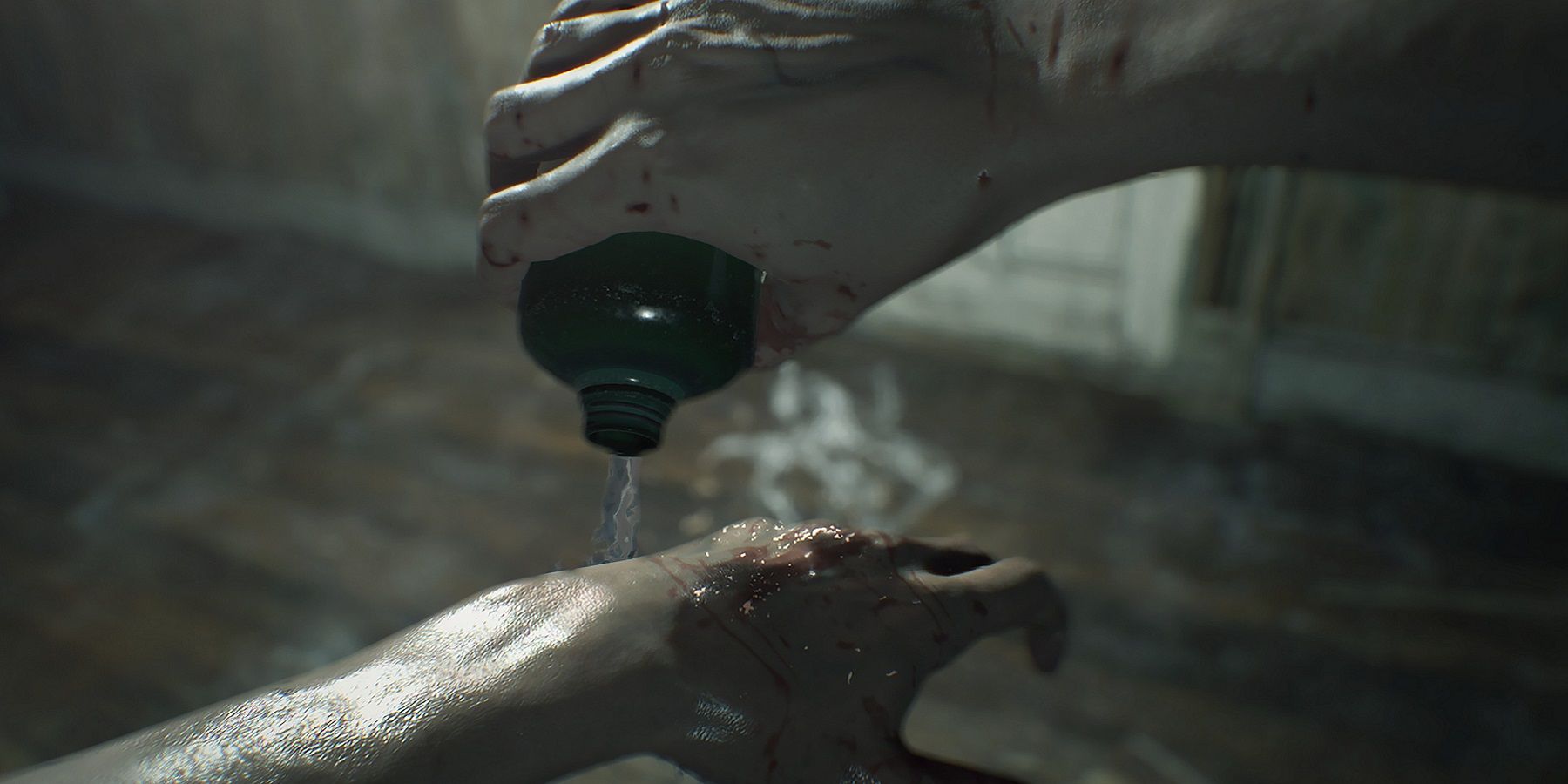 Screenshot from Resident Evil 7 showing Ethan pouring a substance onto his injured hand.