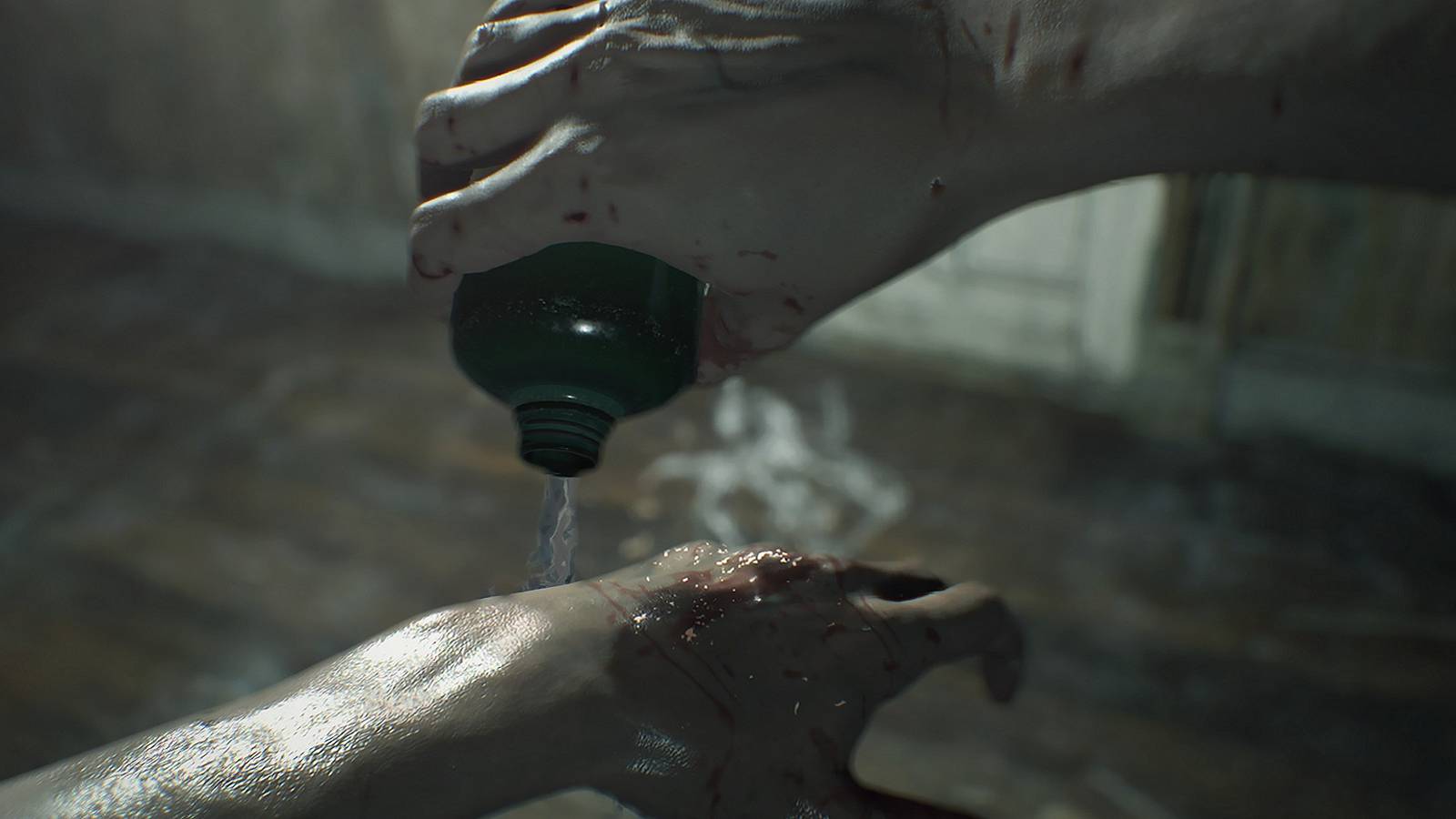 Screenshot from Resident Evil 7 showing Ethan pouring a substance onto his injured hand.