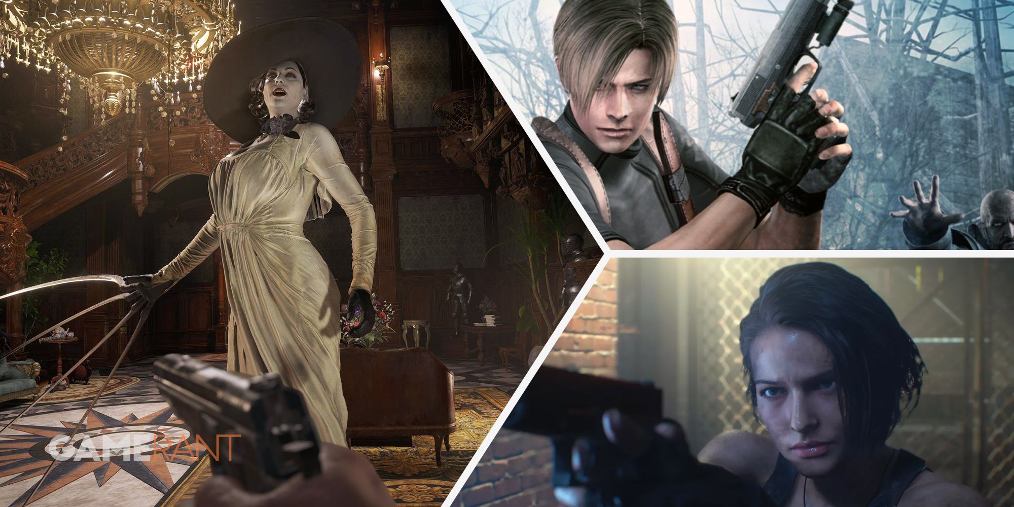 Resident Evil Village Леди Димитреску готовится к атаке слева, Resident Evil Леон с пистолетом вверху справа, Resident Evil 3 Джилл с пистолетом внизу справа