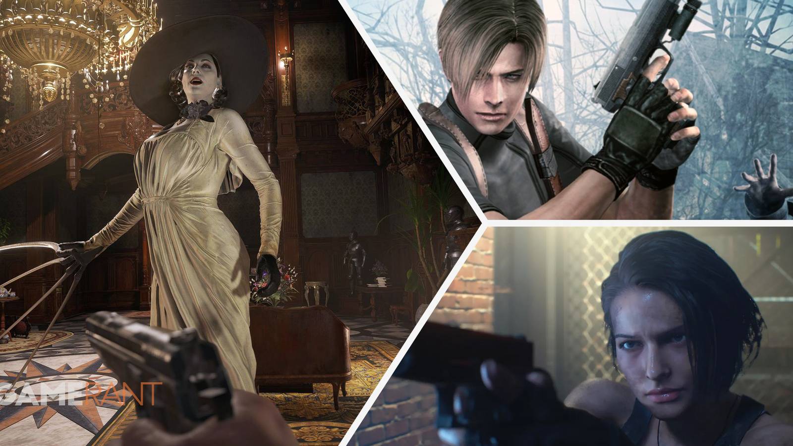 Resident Evil Village Lady Dimitrescu preparing to attack on left, Resident Evil Leon with a gun on top right, Resident Evil 3 Jill with gun on bottom right