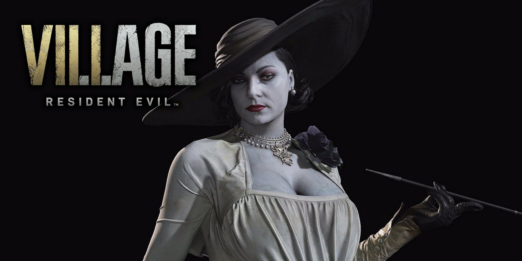 Image of Lady Dimitrescu with the Resident Evil Village logo in the corner.
