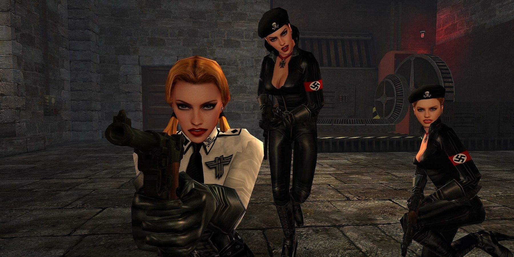 Screenshot from Return to Castle Wolfenstein showing three elite soldiers about to attack.