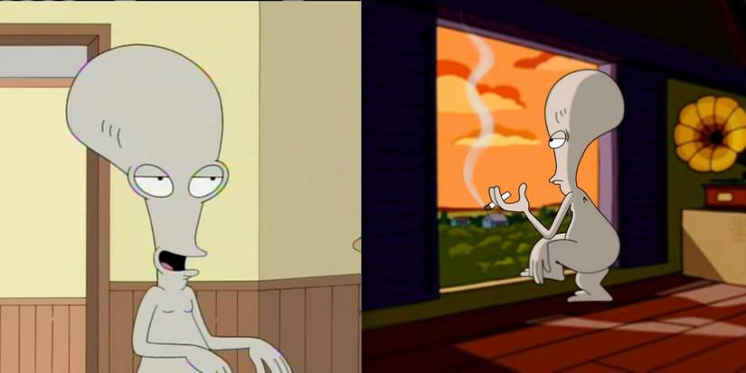 roger family guy seth macfarlane split image roger talking in the house roger standing by the attic window