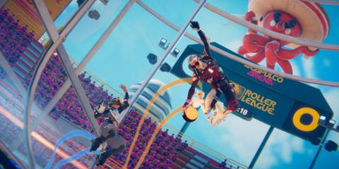 roller champions skater peforming a fancy move with the ball