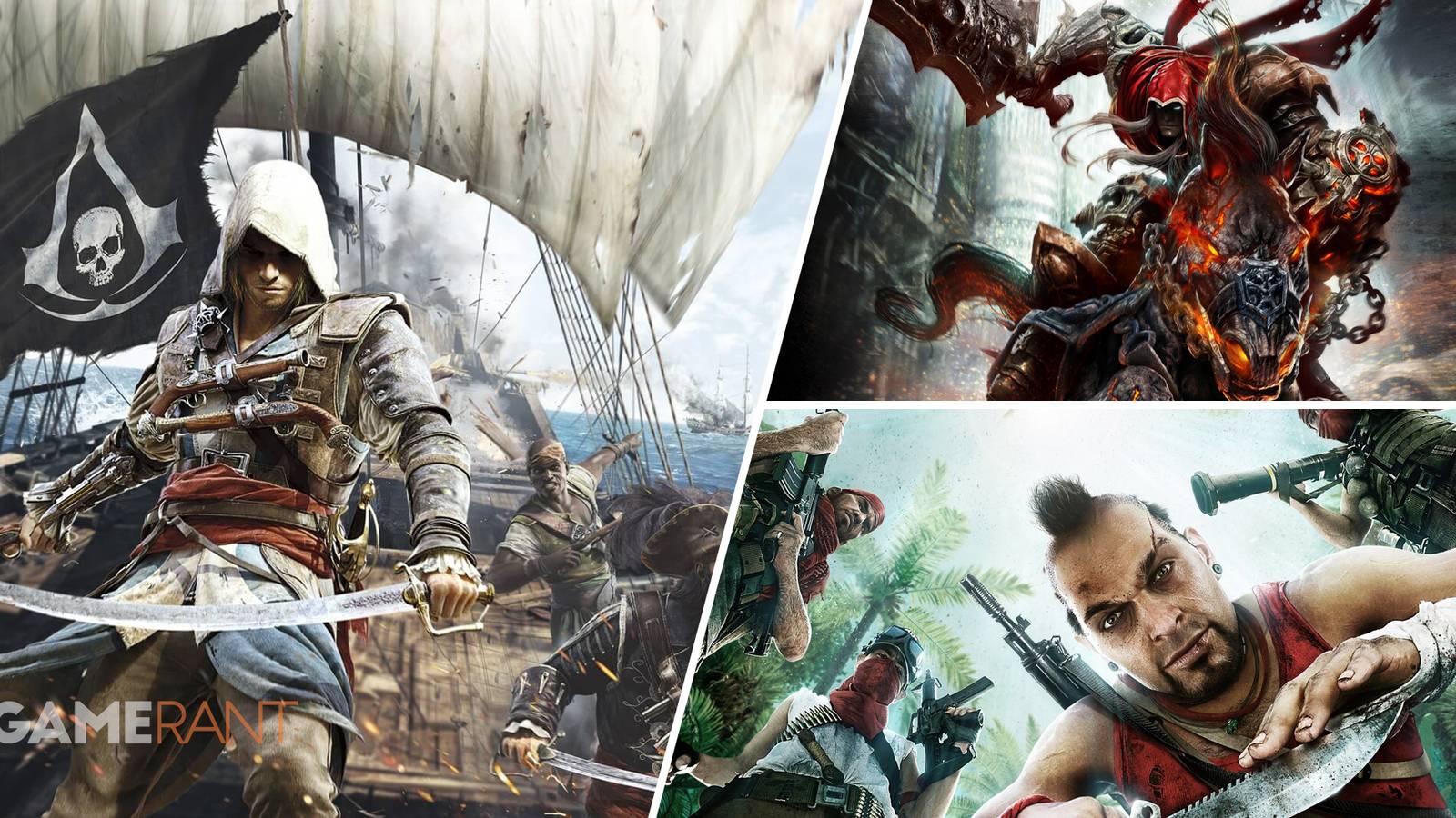 Assassin's Creed Black Flag on left, Darksiders on top right, Farcry 3 on bottom right