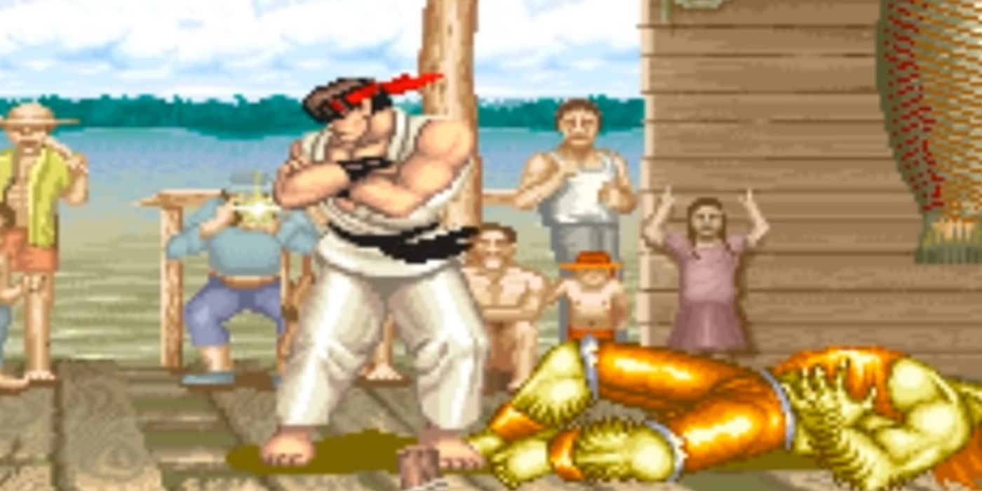 Рю отворачивается, побеждая Бланку Street Fighter 2