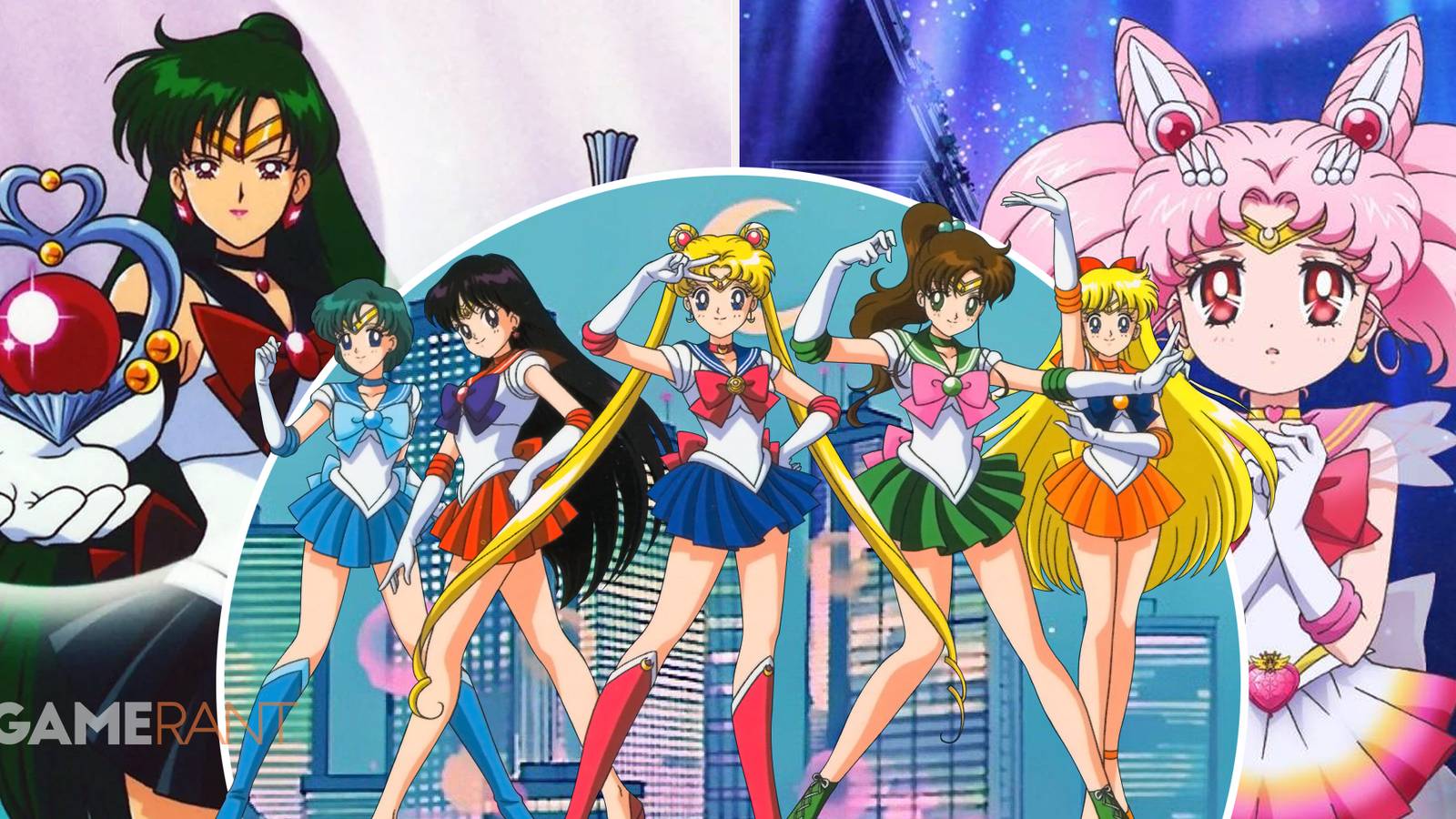 Sailor Pluto on left, Sailor Mercury, Sailor Mars, Sailor Moon, Sailor Jupiter, Sailor Venus in middle, Sailor Chibi Moon on left