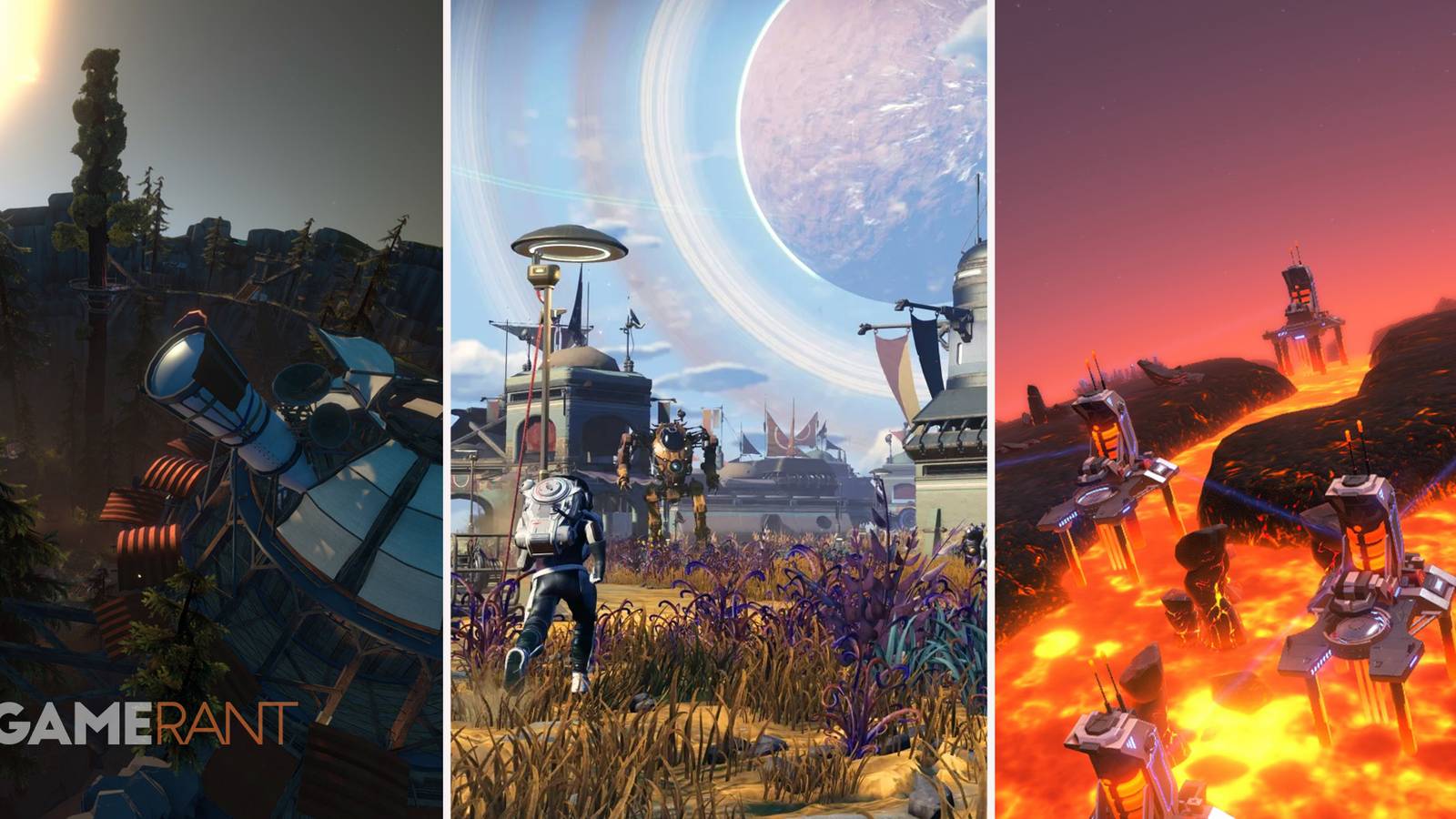 Outer Wilds planet with observatory on left, No Man's Sky player with view of another planet in middle, Dyson Sphere Program lava planet on right