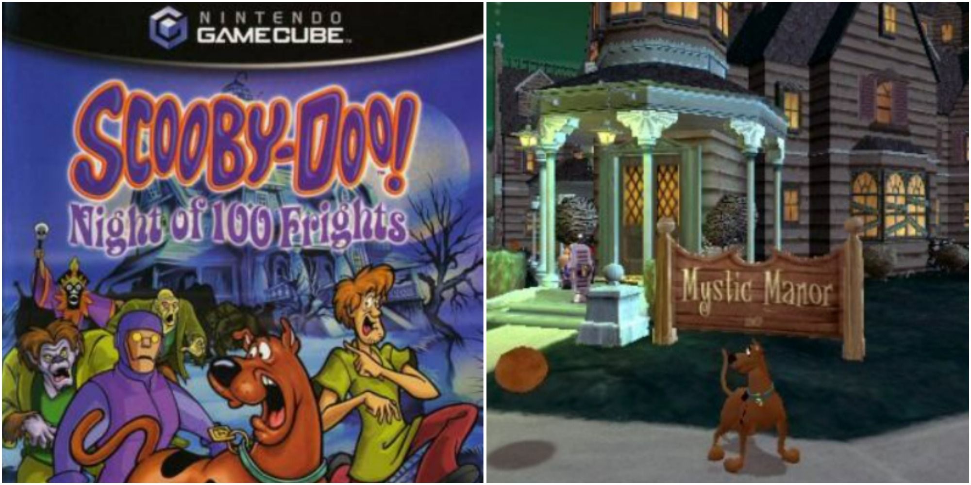 scooby doo night of 100 frights gamecube box art with scooby, shaggy, and monsters and scooby in front of mystic manor