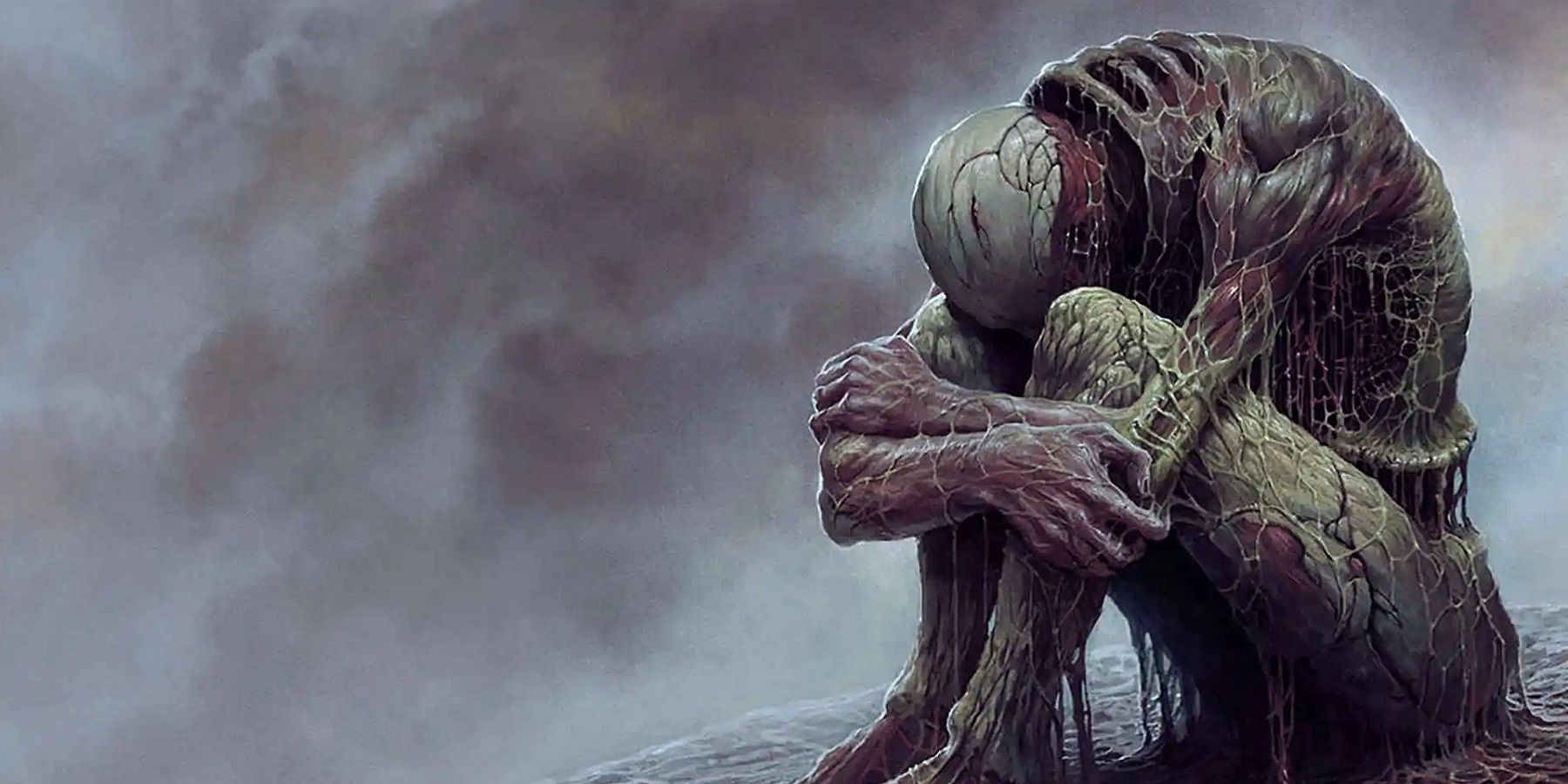 Concept art from horror game Scorn showing a humanoid figure sat on the floor, muscles exposed.